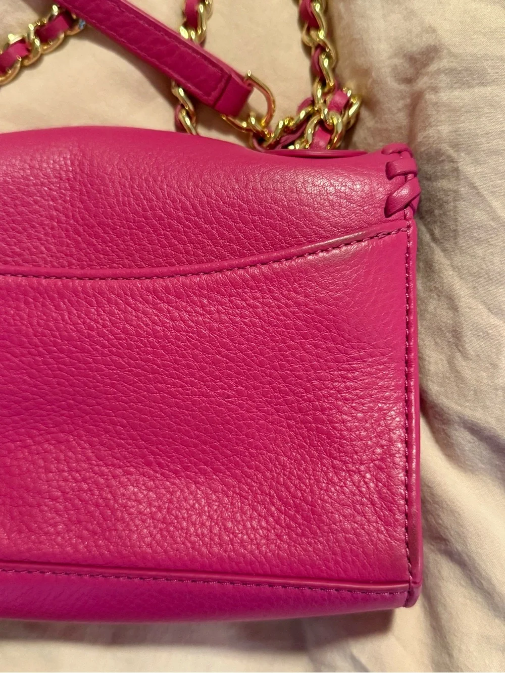 Tory Burch Mini Marion Fuchsia Leather Whipstitch Crossbody Bag with Gold Chain